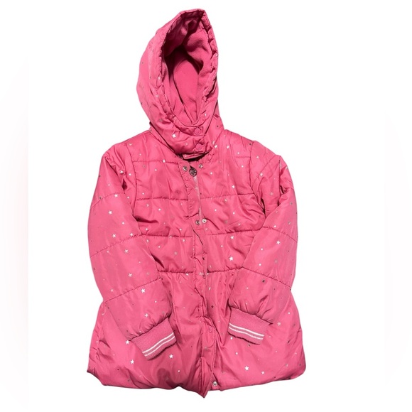 Nautica Girls Puffer Jacket Medium 8/10 Pink Gold Stars Hooded Winter Coat - Picture 1 of 10